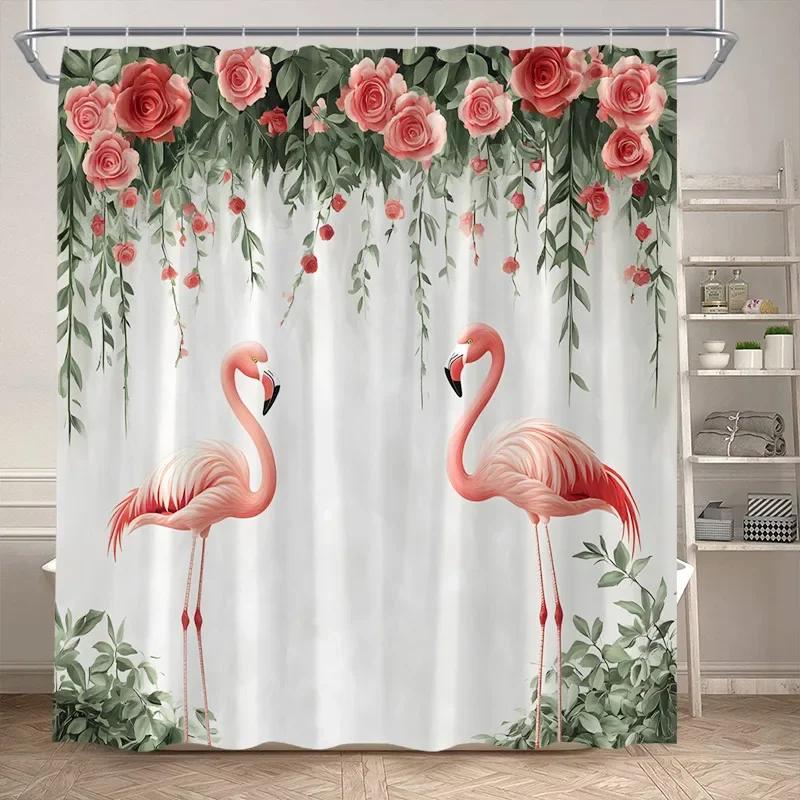 Tropical Jungle Flamingo Shower Curtains Animals Lake Lotus Flowers Palm Tree Plant Forest Scenery Fabric Bathroom Curtain Decor