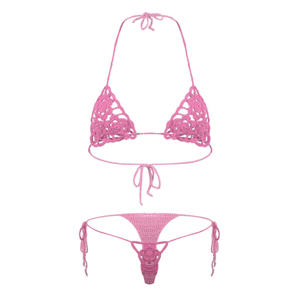 Damen Blumig Handgehäkelt Häkeln Dessous Bikini Set Ausgeschnitten Zweiteilig Badeanzug