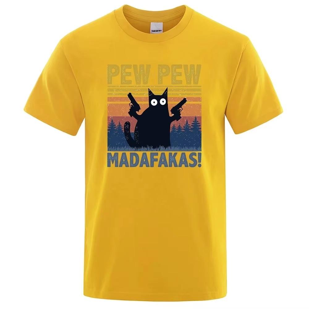 Pew Pew Madafakas Tshirt Men Short Sleeve Novelty Funny Cat T Shirt Vintage Summer Tops Shirts Tee T-Shirt Crew Neck Streetwear