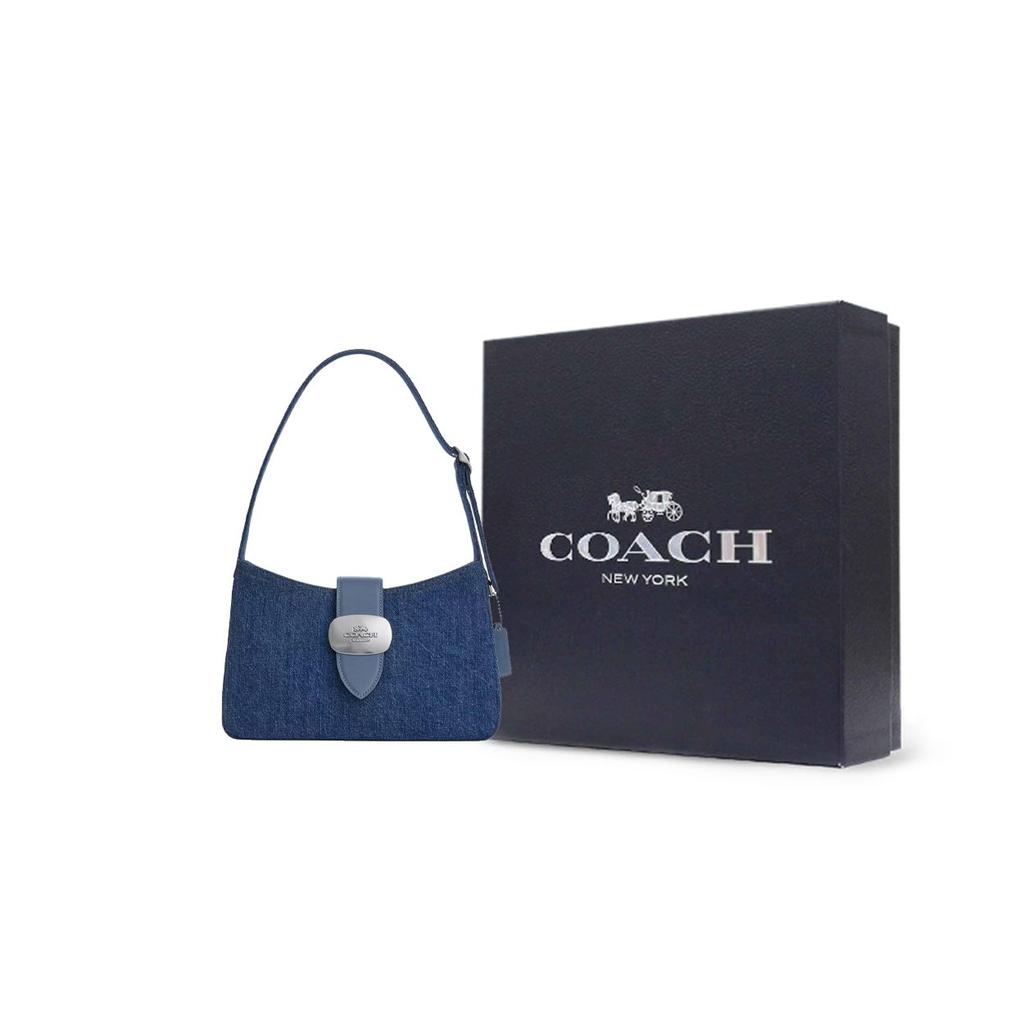 Coach Eliza Signature 24 Logo Denim And Smooth Leather Tote Shoulder Bag Medium Women bags Blue Silver Indigo CAK45-SVIN