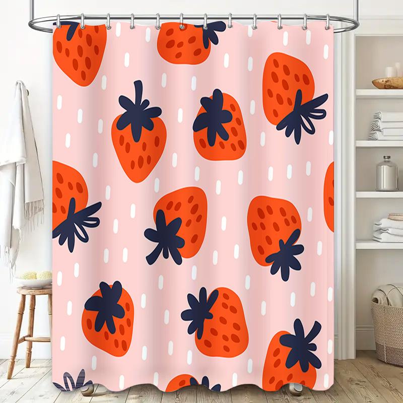 Polyester Cartoon-Print Duschvorhänge Für Badezimmer Dekoration Erdbeer-Design, Rosa Farbe Mit Blauen Blumen Größe 72X84 (Groß)