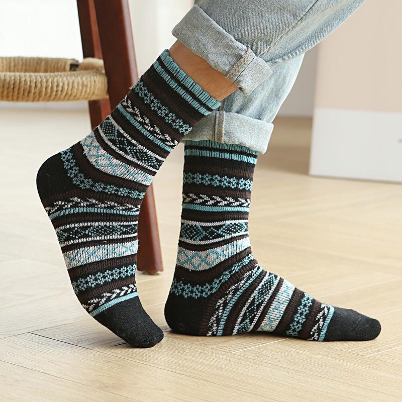 Men's Ethnic Style Double-Layer Mid-Calf Winter Socks - Warm, Thick Imitation Rabbit Wool
