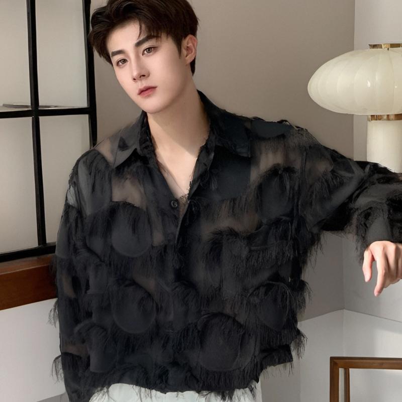 2025 Men Korean Style Fashion Shirts Men Sexy Hollow Shirt Male Casual Thin Long Sleeved Blouse Streetwear Party Fashion Camisas