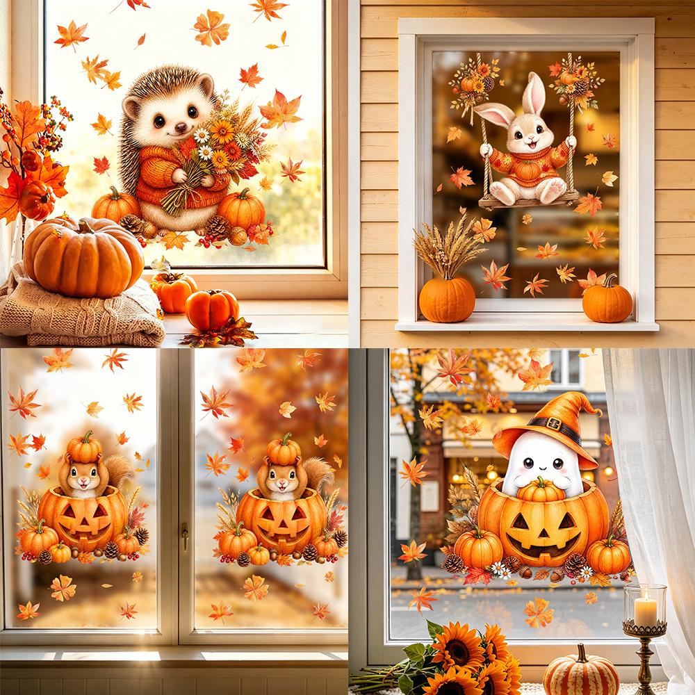 1pcs Fall Cute Ghost Hedgehog Static Window Clings, Thanksgiving Halloween Pumpkin Maple Leaf Window Stickers, No Glue Reusable