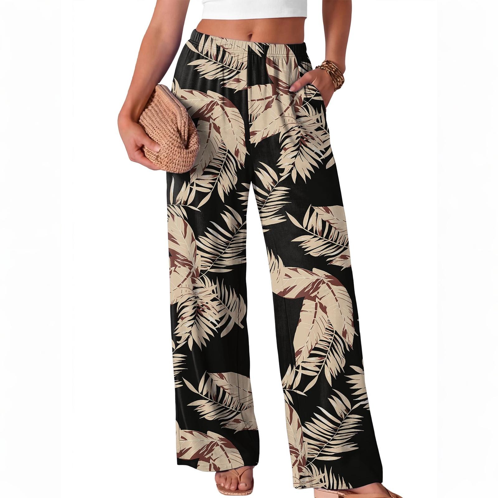 

Women Loose Fit Wide Leg Trousers Casual High Waist Elastic Waistband Printed Long Pants for Everyday Wear XL хаки