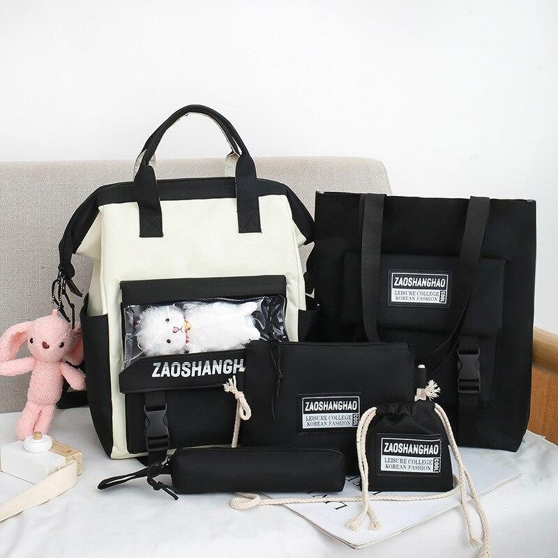 5Pcs/set Canvas School Bags for Teenage Girls 2021 Solid Color Backpacks Women Bookbags College Travel Backpacks Female Rucksack