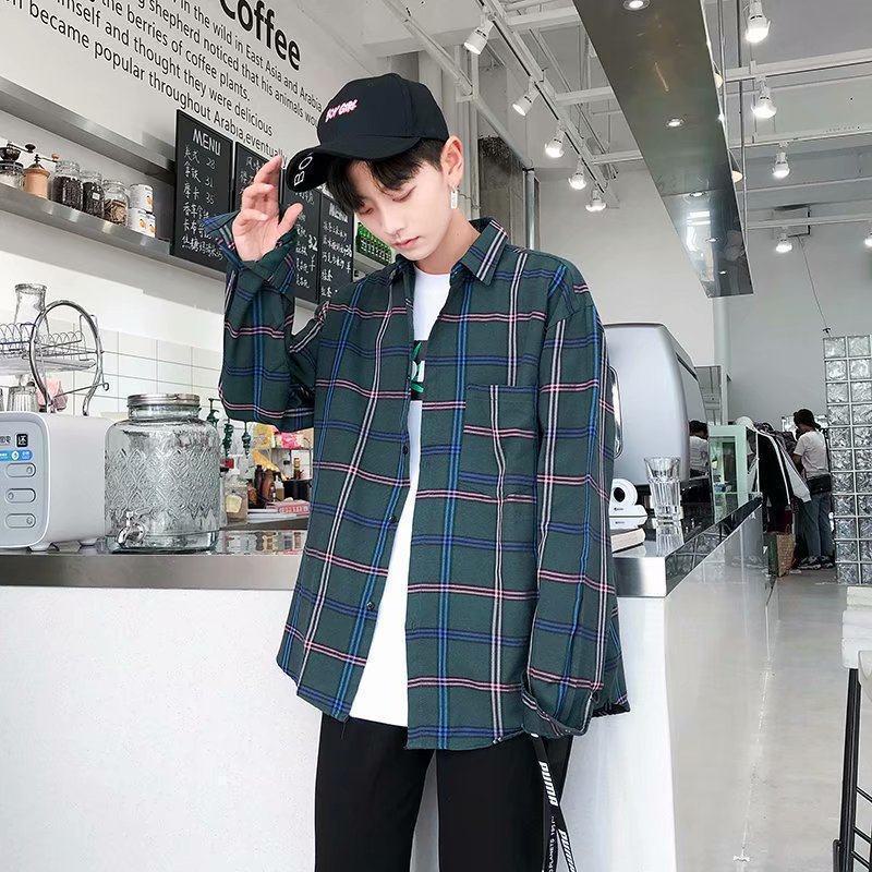 

2026 Men s Korean Slim Fit Plaid Long-Sleeve Shirt: Youthful Trend, Casual Thin Design M зелёный