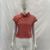 Retro Red Grid Small Fresh Women's Summer Stand Up Collar Buckle Short Sleeved Slim Fit T-shirt