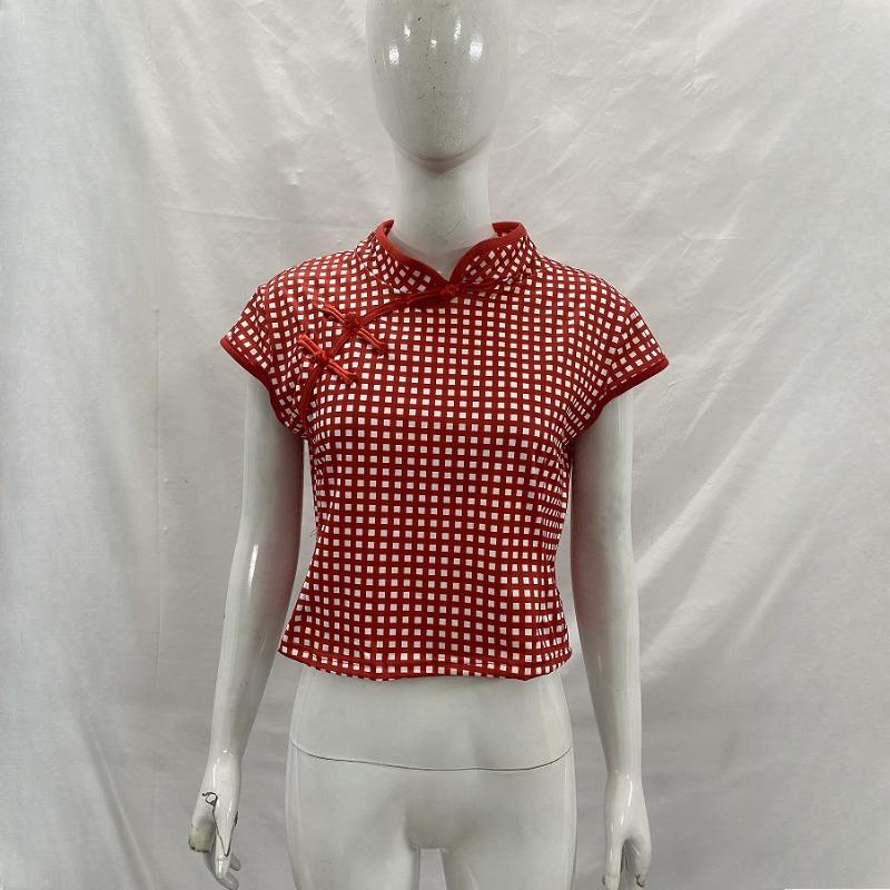 Retro Red Grid Small Fresh Women's Summer Stand Up Collar Buckle Short Sleeved Slim Fit T-shirt