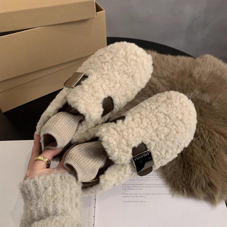 Lamb Wool Shoes Women's Outer Wear 2025 Autumn and Winter Korean Version Retro Flat-bottomed One-pedal Doudou Shoes Velvet Cotton Shoes