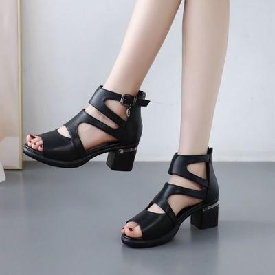 New Mid-heel Fashionable Middle-aged Shoes with Fish-mouth Cutout Sandals