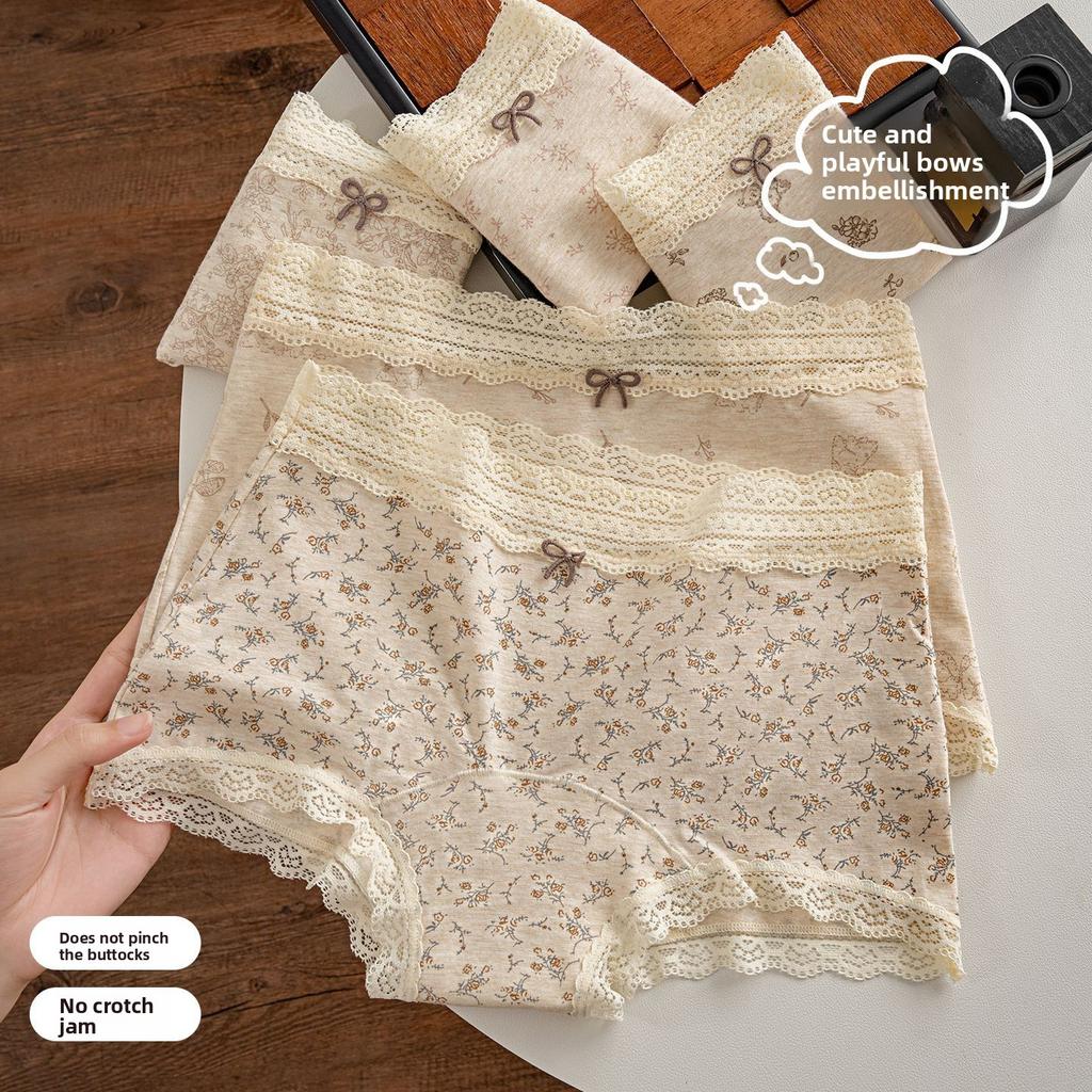 Women's Summer Lace Floral Cotton Antibacterial Skin Friendly Breathable Mid Waist Briefs