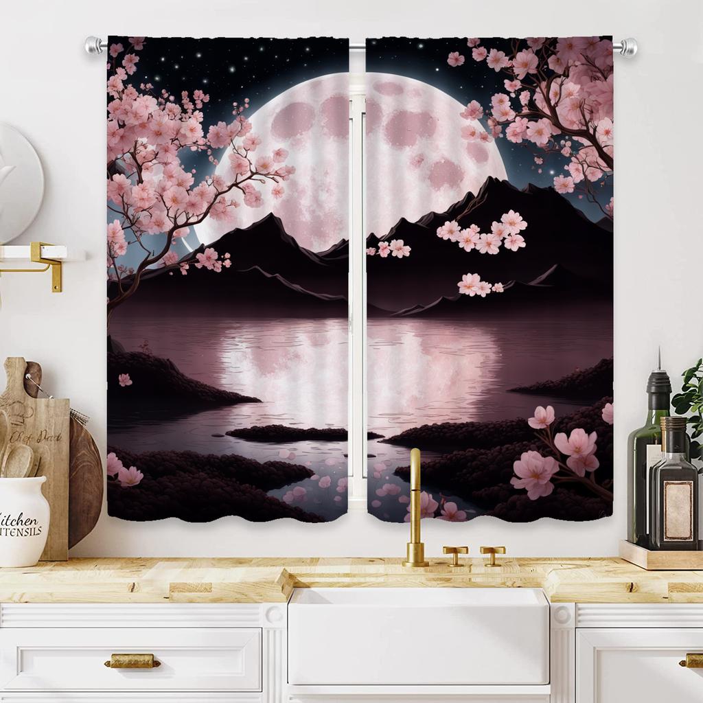 Light Filtering Black Pink Sakura Full Moon Curtains Hd Print Carnival Theme Living Room Bedroom Study Round Pocket Top Curtain Polyester Washable