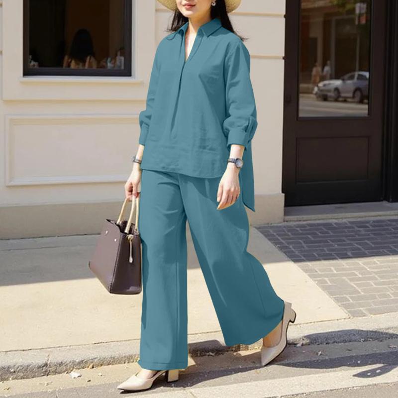 

ZANZEA Женская блузка с длинными рукавами и брюки повседневные комплекты из двух предметов 5XL синий