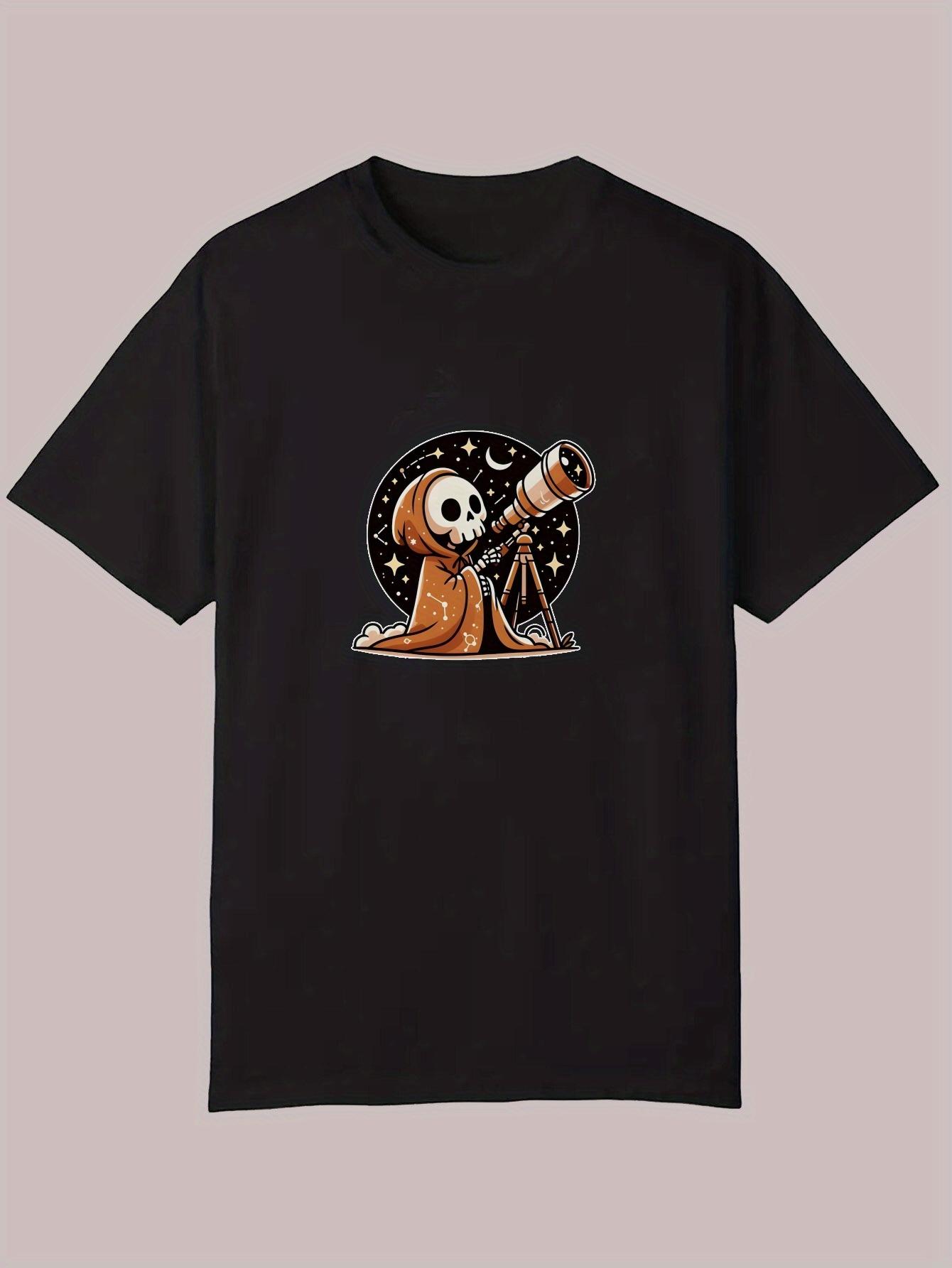Black Casual Short Sleeve T-shirt - Whimsical Skeleton Astronaut Space Graphic Print XL