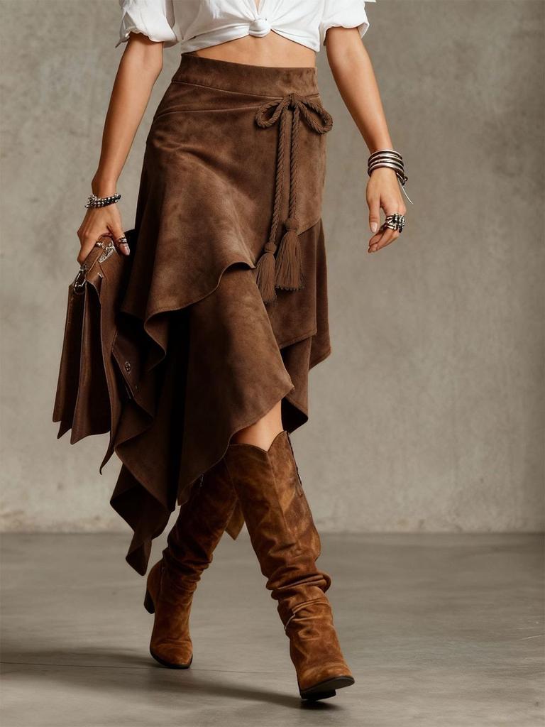 Retro Europäischer Unregelmäßiger Westlicher Wildlederrock, Einfarbig, Kollektion 2026