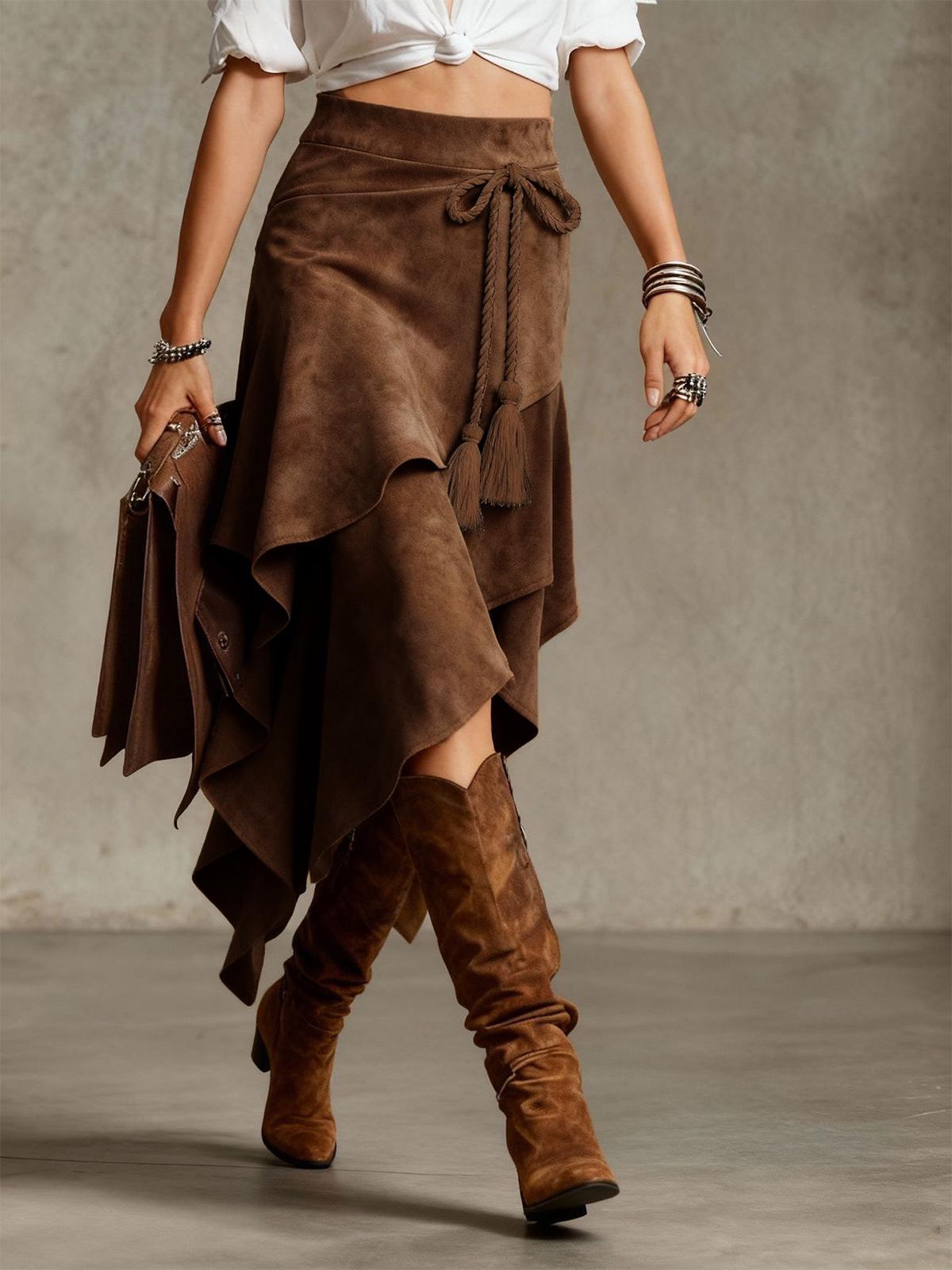 Ретро Европейская Неправильная Западная Замшевая Юбка, Однотонная, Коллекция 2026 S темно-коричневого