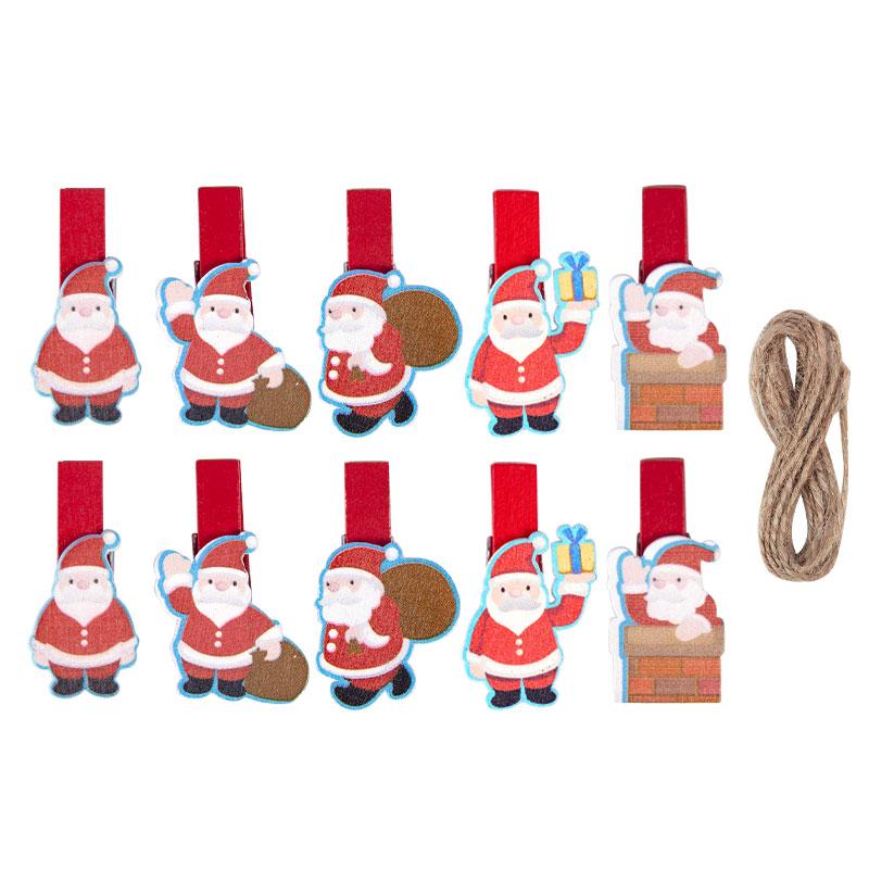 10pcs Mixed Styles Christmas Wood Clips Santa Bear Xmas Tree Photo Clips Clothespins DIY Photo Pegs for New Year Gift Bag Clip