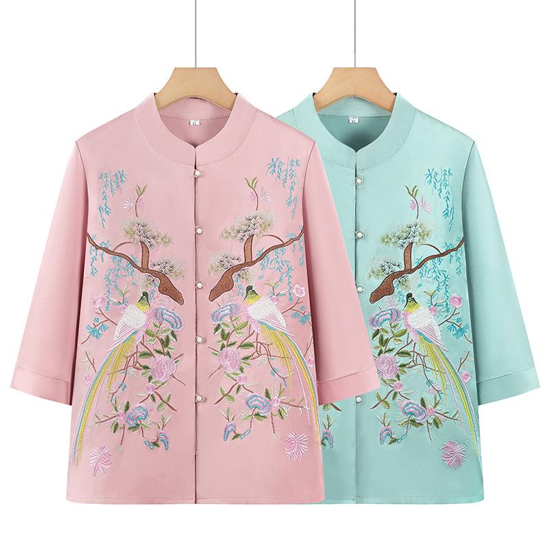 Zomerblouse in Chinese stijl met zeven mouwen voor dames van oma (70-jarige Moeder)