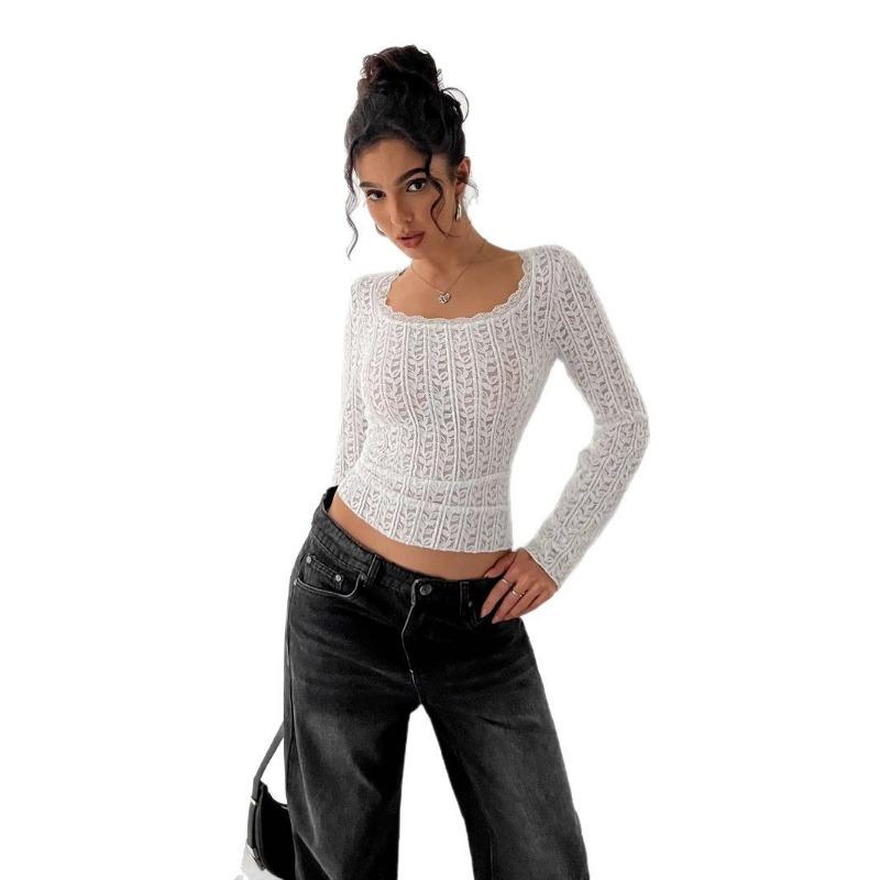 Women's Spring New U Neck Long Sleeve Lace Slim Top