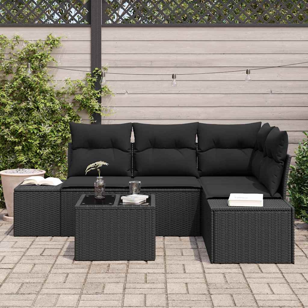 5 Piece Garden Sofa Set Black Poly Rattan