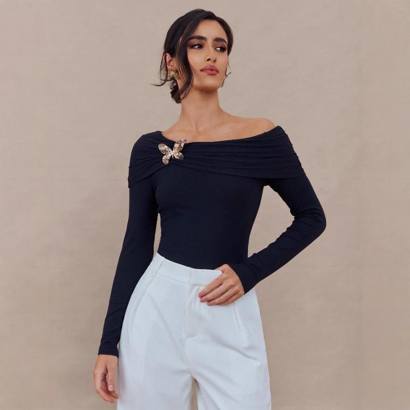 

Spring New One-shoulder Butterfly Brooch Design Slim Long-sleeved Women s Top XXL чорний