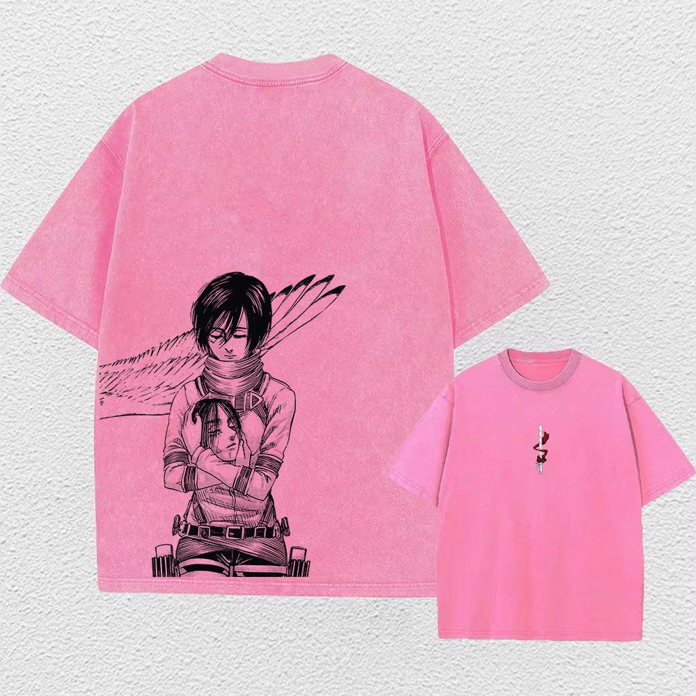 Colored Washed T-shirt Printed Retro Harajuku Top with Anime Attack Titan Graphics Neutral Summer Cotton Loose