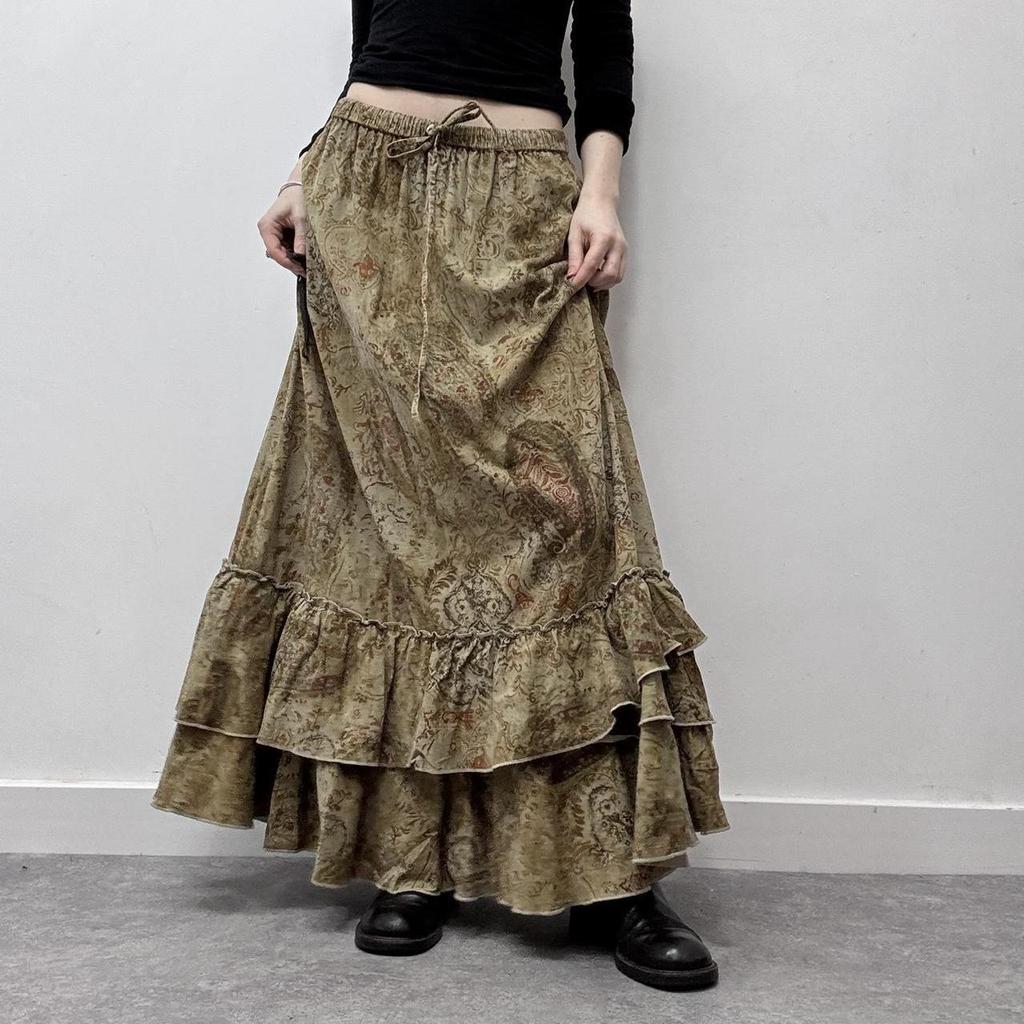 Mori Style Retro Print High Waist Pleated A-line Skirt for Women