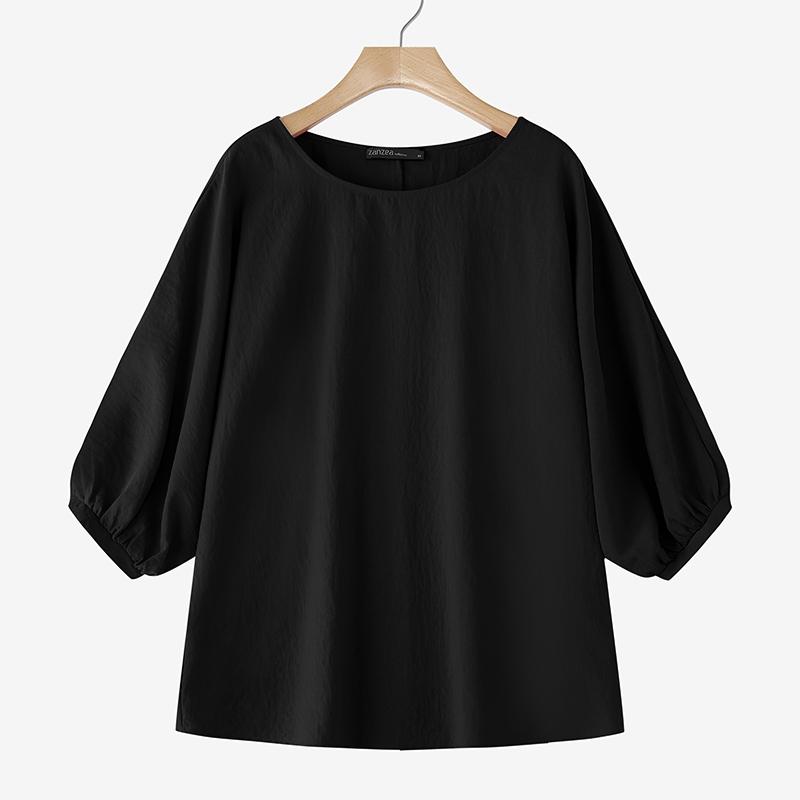 

ZANZEA Женская повседневная блузка с круглым вырезом, однотонная, свободного кроя, с рукавом до локтя 5XL чёрный