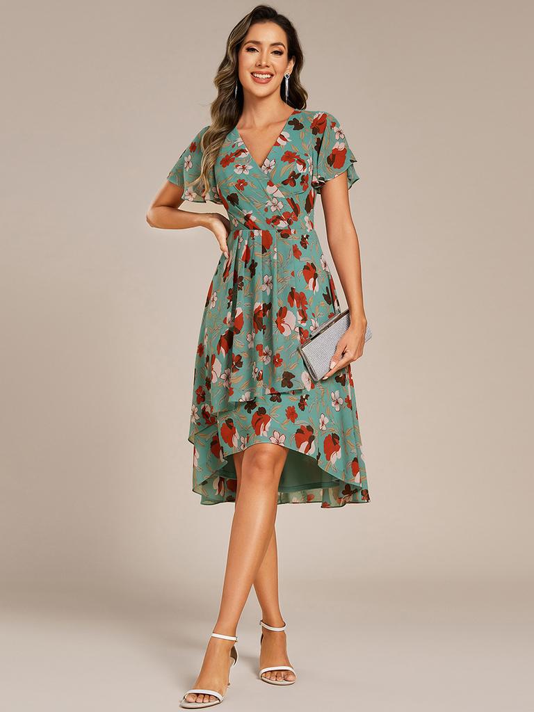Ever-Pretty Women's Short Sleeve V-Neck Ruffled Floral Asymmetrical Midi Wedding Guest Dress