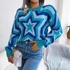 Women Y2K Autumn Winter Contrast Star Long Sleeve Pullover Sweater O Neck Knitted Tops