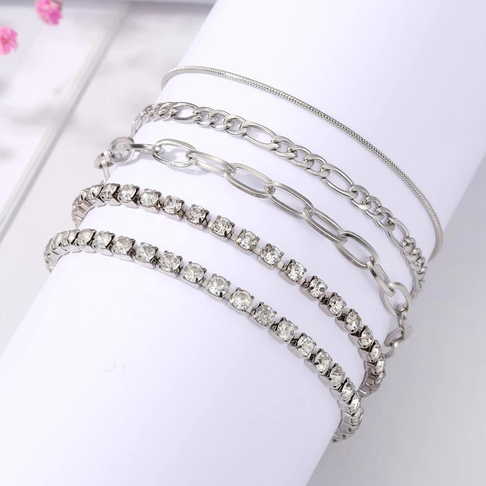 

Charm Square Artificial Crystal Women s Stackable Simple Classic Chain Design Bracelet A Gift Suitable For Daily Wear For Holidays 5pcs/set срібний