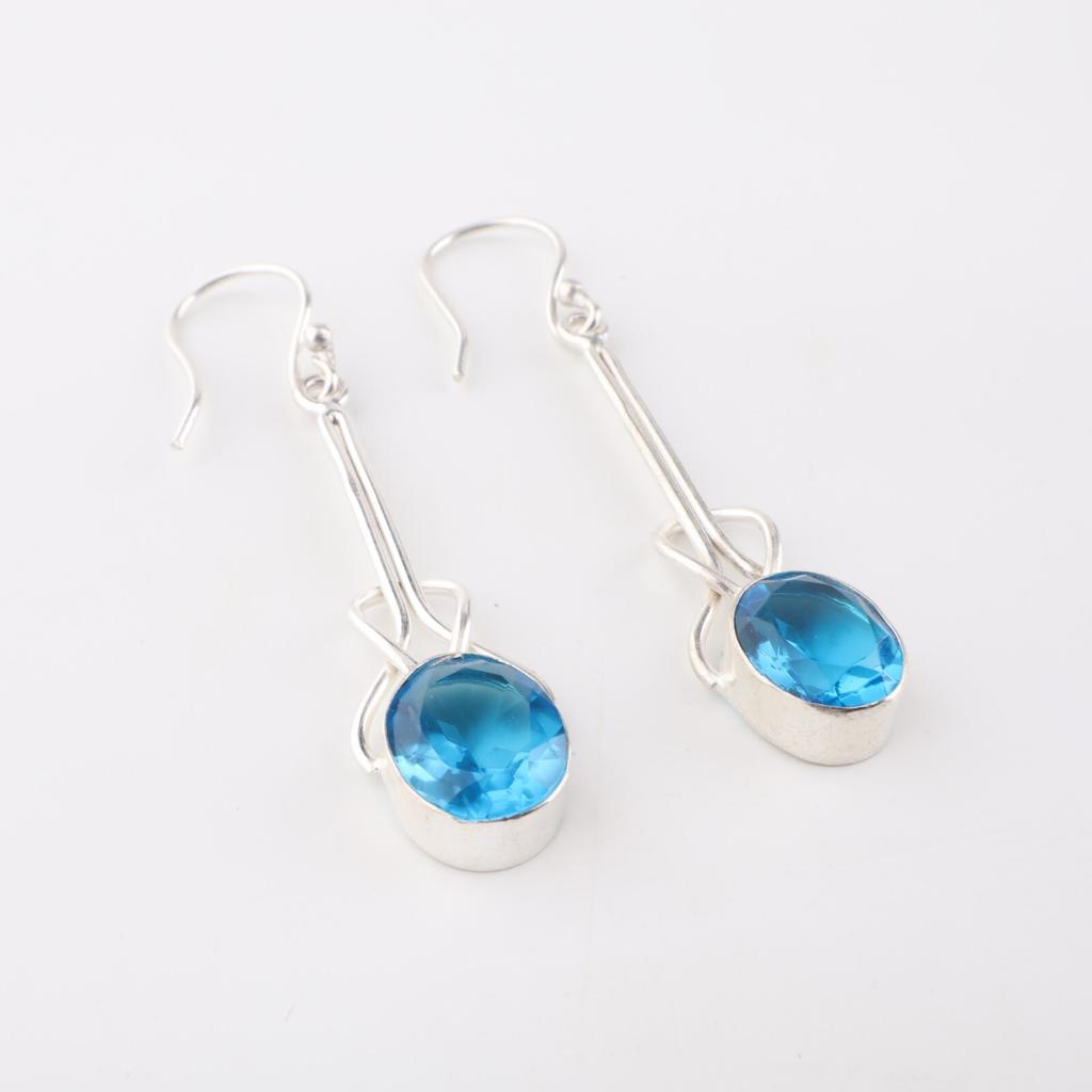 Natural Swiss Blue Topaz Gemstone 925 Sterling Silver Handcrafted Earrings 1.76" EE-171-1