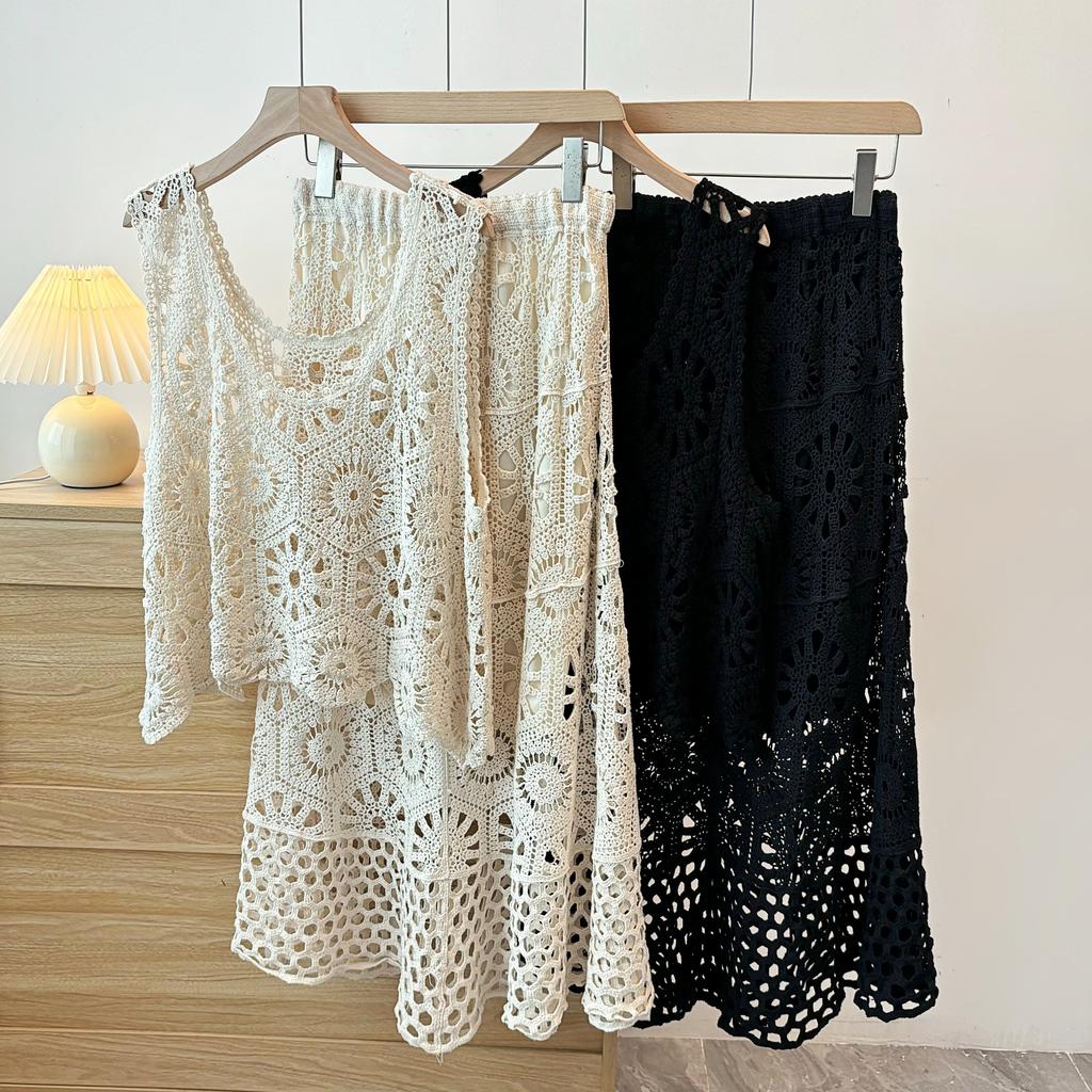 Dimanaf 2025 New Skirt Suit Women Lace Knitting Hollow Out Sexy O-Neck Hollow Summer Style Tops Tees Loose Basic