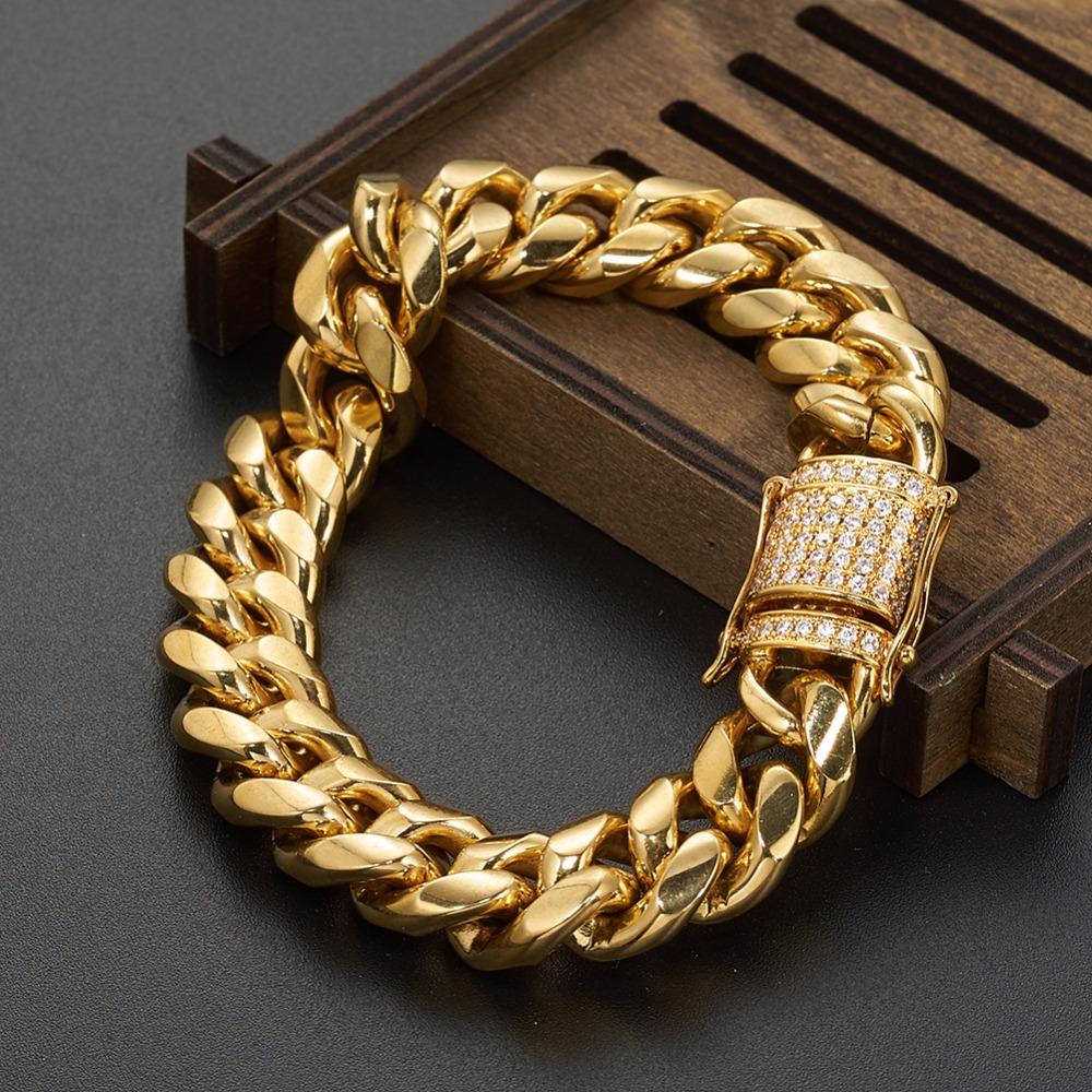 2019 Neuankömmling 8/10/12/14/16/18 mm Edelstahl Miami Curb Cuban Chain Kristallarmband Casting Lock Verschluss Herren Gliederschmuck