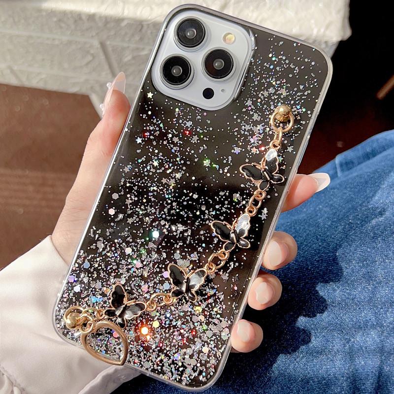 Compatible iPhone 16 Pro Max Transparent Resin Glitter Phone Case with Bowknot and Bracelet iPhone 16