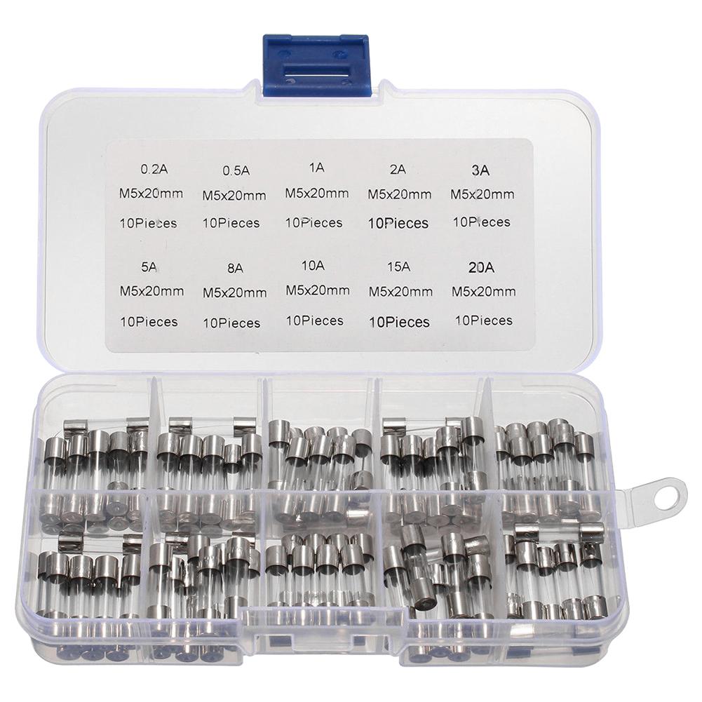 100Pcs Fast-blow Glass Tube Fuse 5 * 20MM Fast Acting Glass Fuse Amp 0.2A-20A Glass Fuse Assortment Pack with Storage Box