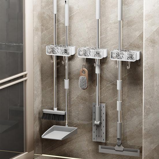 Mop Holder Double-ended Mop Clip Punch-free Broom Rack Space Saving Bathroom Organizer with Hook for Home
