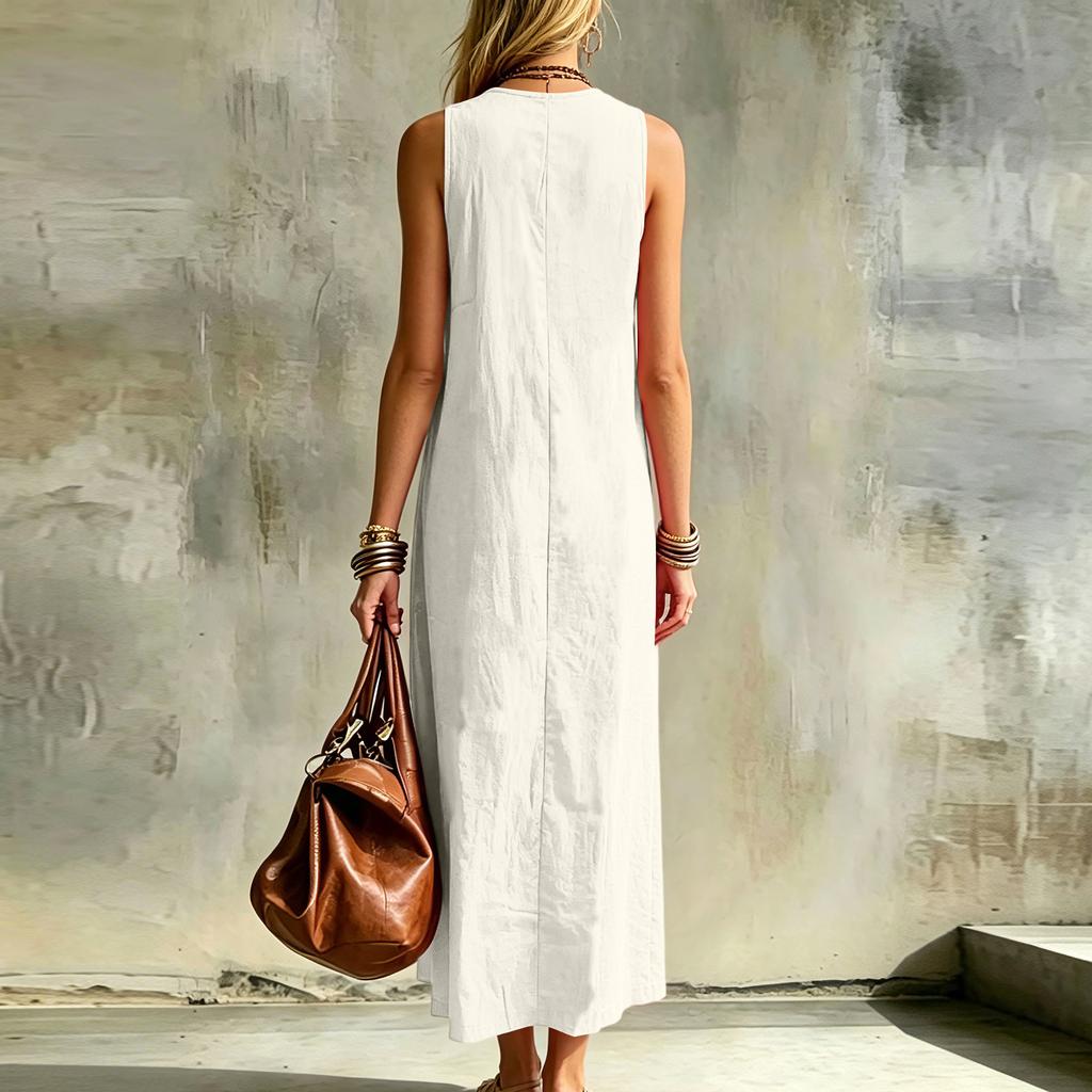 Rochie Maxi Fără Mâneci cu Decolteu în V din In pentru Femei, de Vară, Casual, Croială Largă, Rochie Lungă cu Detaliu Buton, Material Ușor și Respirabil