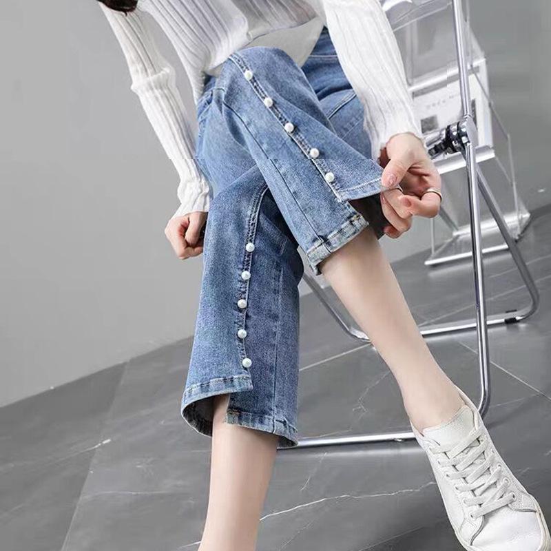 

Маленькие джинсы клеш для беременных с высокой посадкой - Легкий летний стиль с разрезами M синий