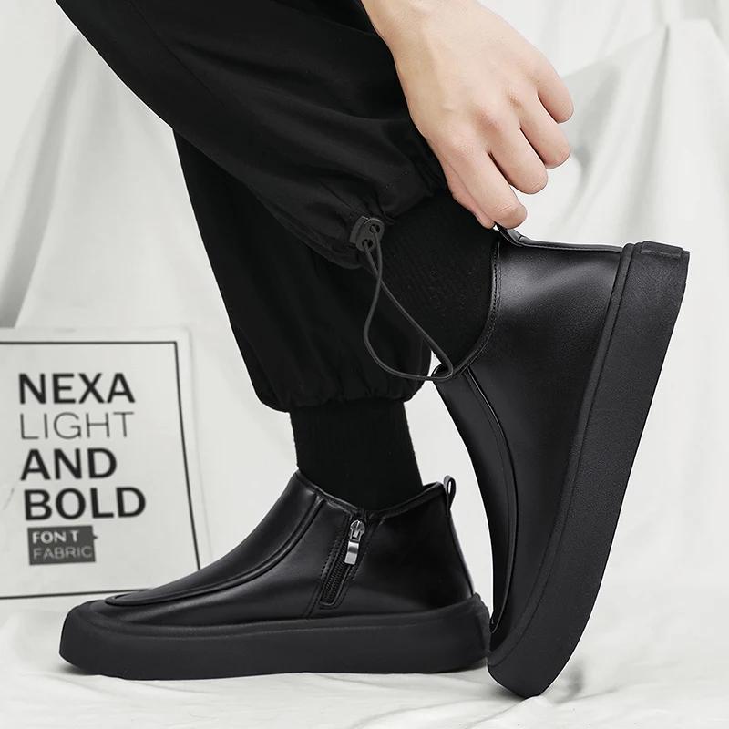 Fashion Leather Men Ankle Boots Slip on High-top Mens Casual Shoes Outdoor Lightweight Comfortable Platform Man Work Boots