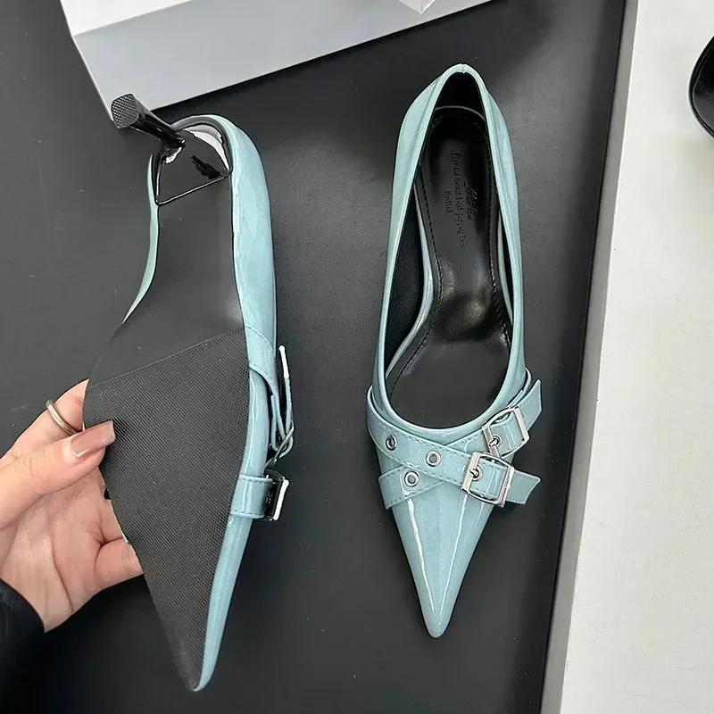 Fashion Elegant Patent Leather Metal Belt Buckle Designer Women Pumps Sexy Pointed Toe Thin High Heels High Quality Mary Jane Mules Shoe