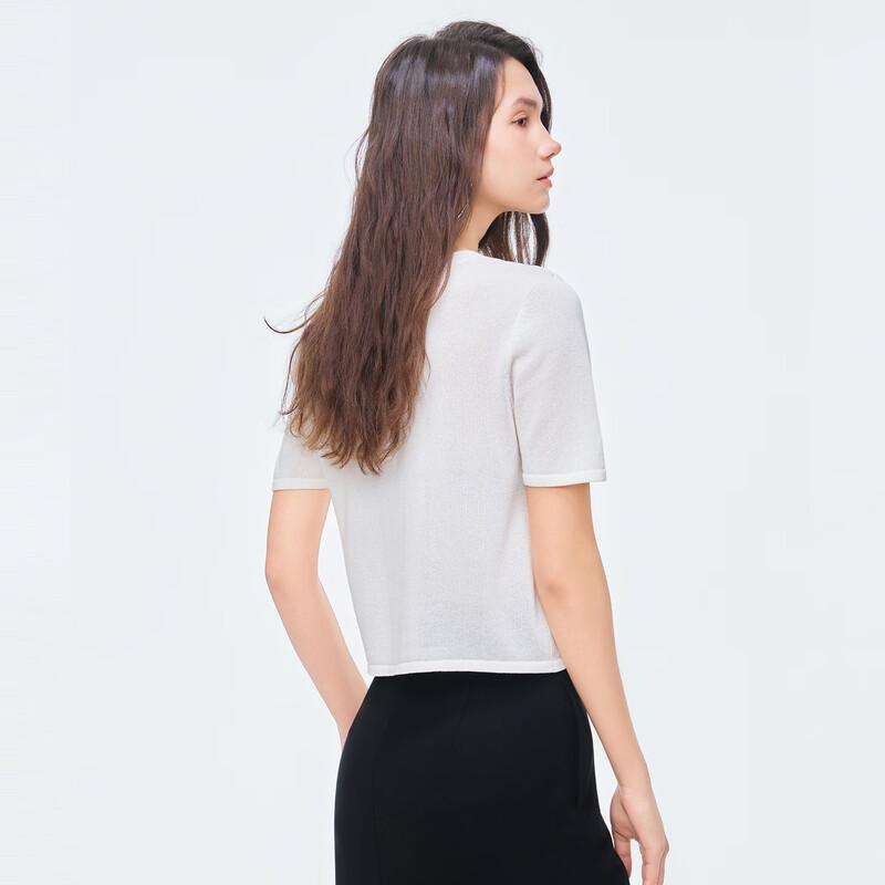 Beaded Metal Letter Commuter Short-Sleeve Knit Top