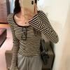 Striped knitwear for women in autumn and winter new style square collar slim fit right shoulder bottoming shirt short inner top