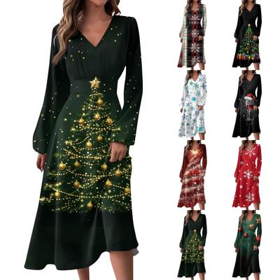 Women's Autumn And Winter Casual Fashion V-neck Long Sleeve  Print Long Dress