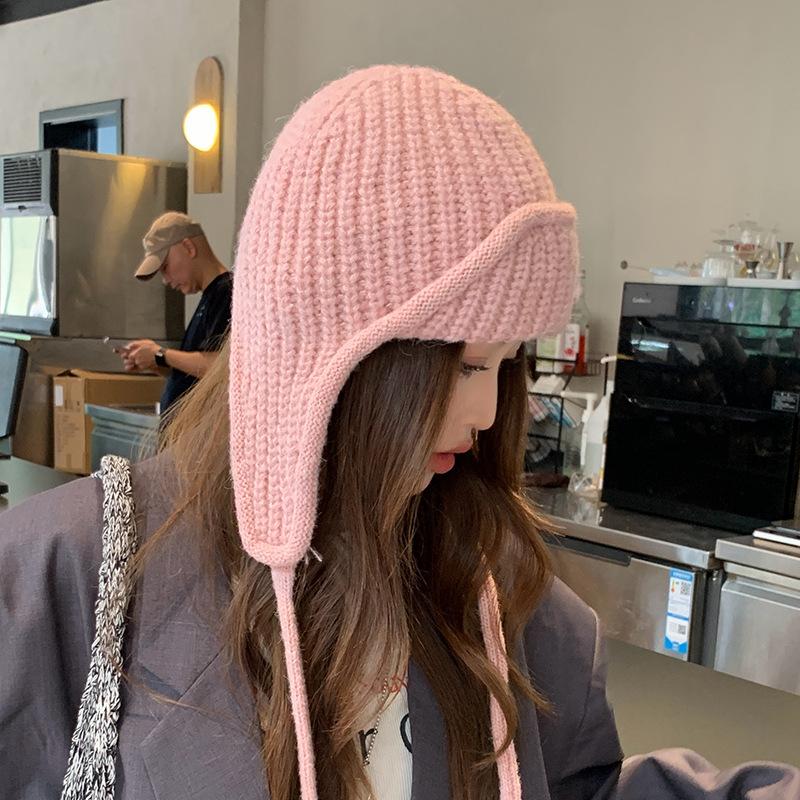 

New knitted wool hat women s autumn and winter warm ear protection flying hat solid color simple Lei Feng hat knitted hat one size fits all коричневий
