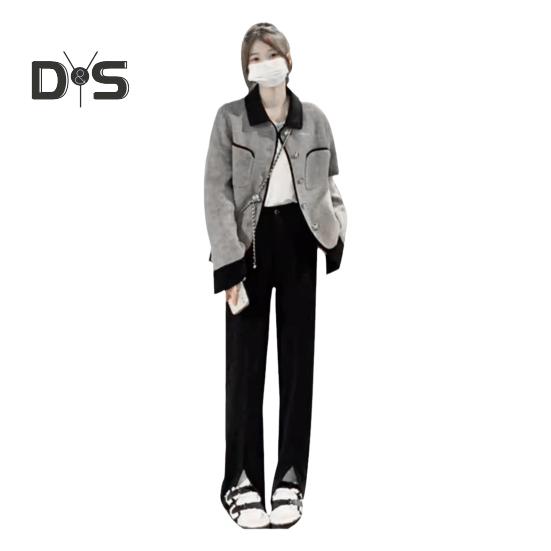 Women Autumn Jacket Turn-down Collar Chest Pockets Single-breasted Loose Long Sleeves OL Commute Style Cardigan Office Jacket