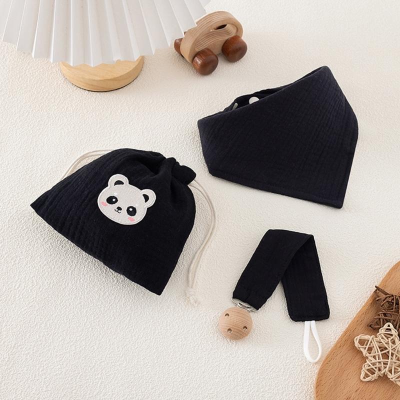 3pcs Organic Cotton Infant Bandana Bib And Pacifier Holder Combo Includes Washable Storage Pouch Baby Shower Gift Set