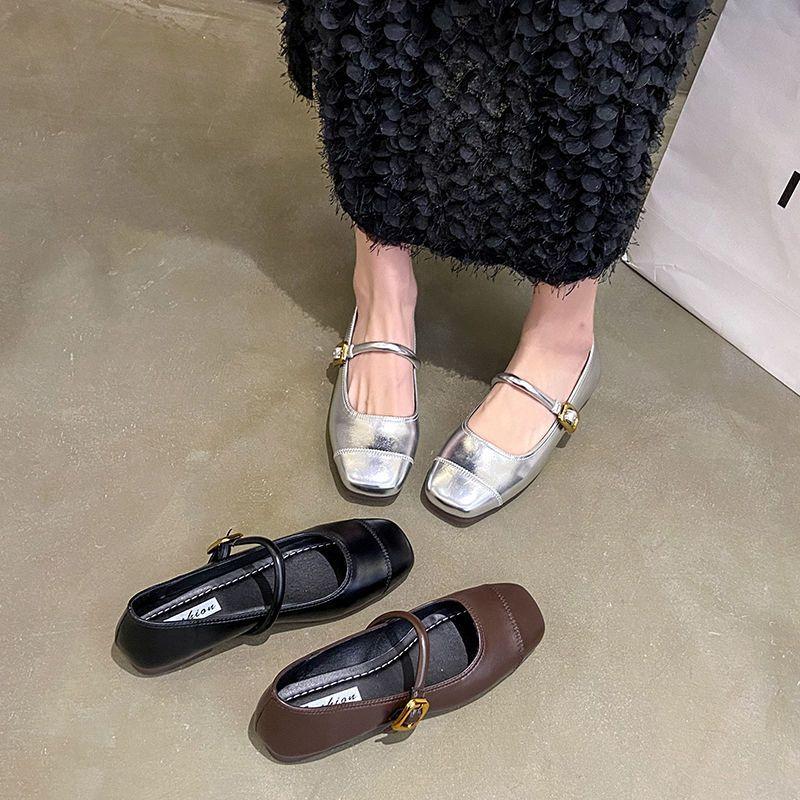 Retro soft leather Mary Jane wear-resistant women's shoes 2025 new temperament gentle wind French one-word buckle flat bottom shallow bean