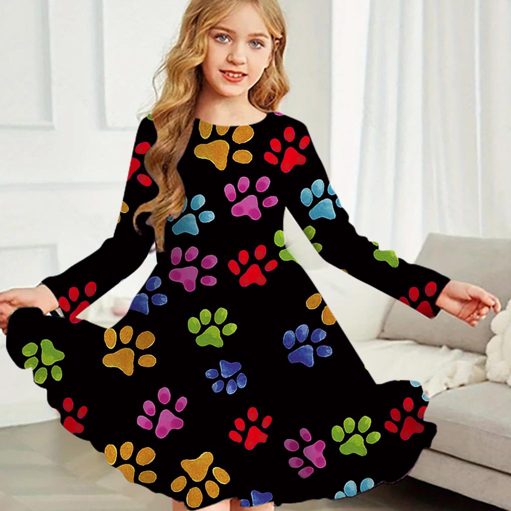Girl Casual Dog Claw Print Round Neck Long Sleeve Dress Kid Princess Dress
